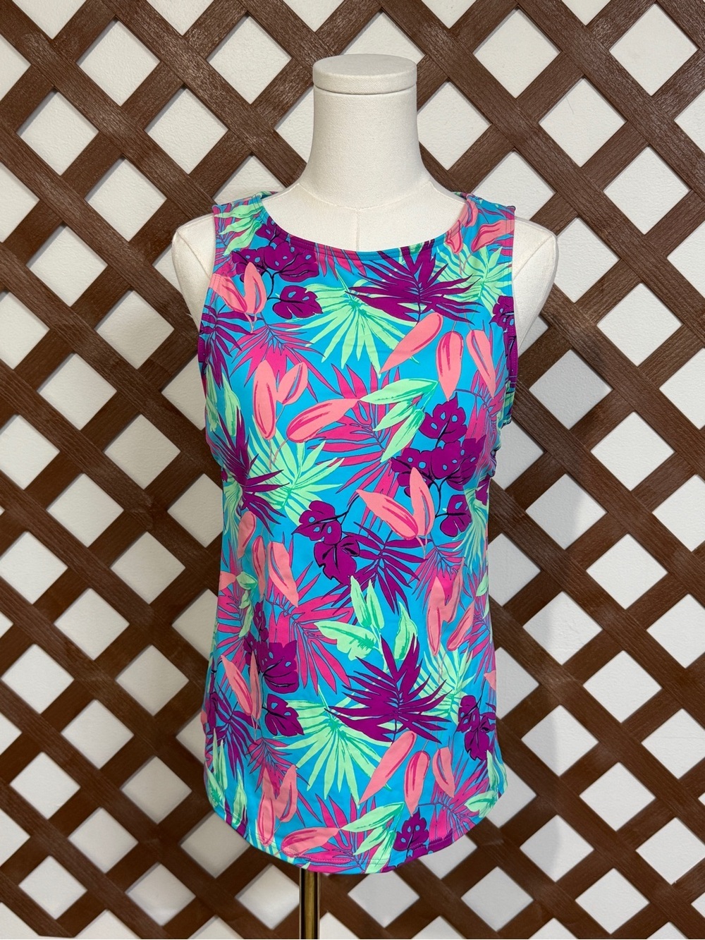 WSM21 {Lands' End} Blue Floral Molded Cup Shelf Bra High Neck Tankini Top